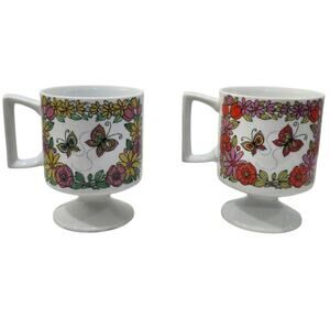 Vintage 1960s-70s Pedestal Mugs – Pair – Retro Butterfly & Floral Design